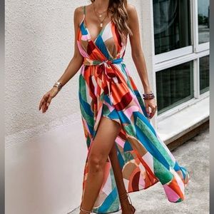 Shein Colorblock Wrap Hem Belted Cami Dress